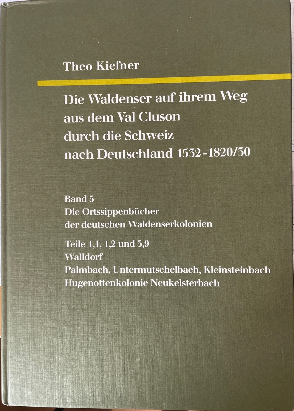 Theo Kiefner: Die Waldenser auf ihrem Weg aus dem Val Cluson durch die Schweiz nach Deutschland 1532 - 1820/30. Band 5. Die Ortssippenbücher der deutschen Waldenserkolonien Teil 1,1, 1,2 und 5,9. Walldorf und Palmbach, Untermutschelbach, Kleinsteinbach aus LaBalme, Roure und Méan im Val Pragela; Hugenottenkolonie Neukelsterbach