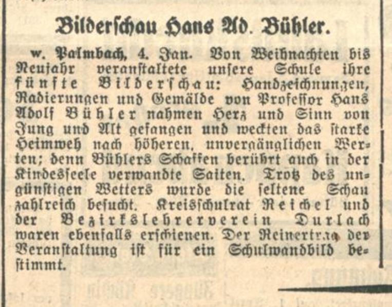 Karlsruher Tagblatt 1929: Wandbild in der Schule Palmbach, Hans Fischer-Schuppach